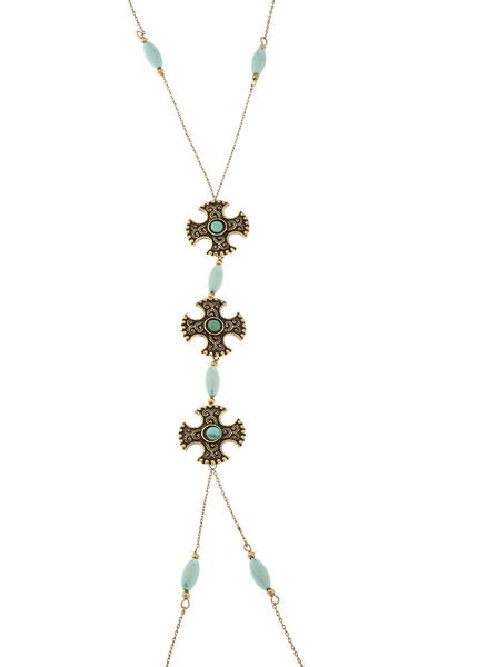 Center Dangling Patte Cross With Blue Beads Body Chain