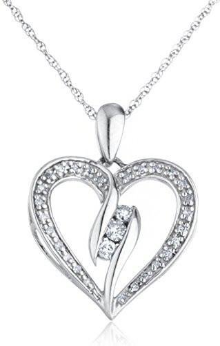 Diamond Collection - 925 Sterling Silver 1/3 Cttw Diamond Heart Pendant With Elegant Design 18 Inch Singapore Necklace