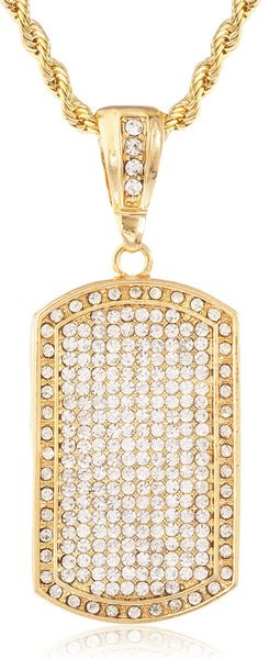 Fully Iced Out Large Dog Tag Pendant With A 5mm Rope Chain (Goldtone W/ 30 Inches)
