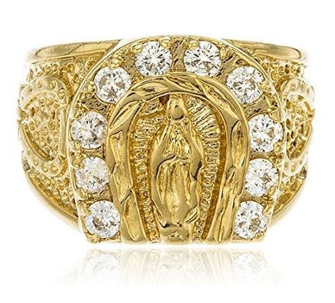 Gold Layered Religious St Mary Horseshoe With Clear Cubic Zirconia Stones Ring Sizes 9-12