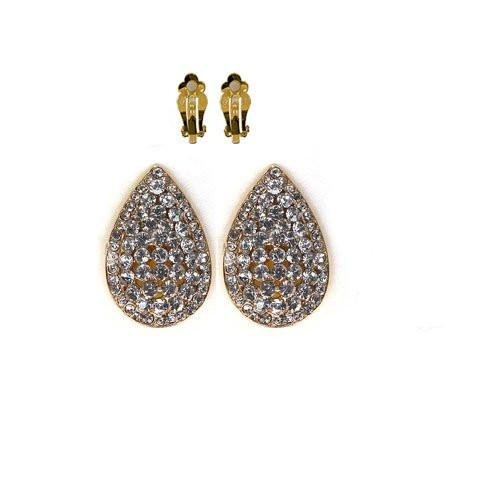 Gold With Clear Iced Out Tear Drop Shaped Clip On Earrings