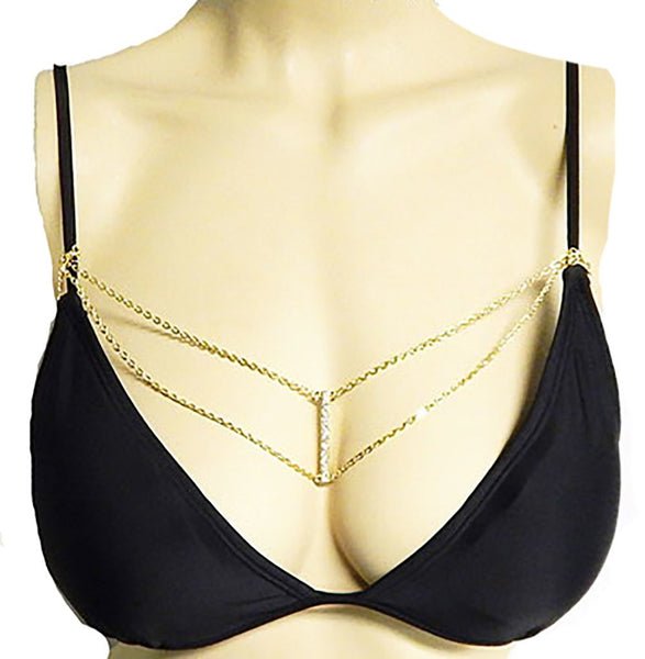 Goldtone 2 Layer Bra Chain With Iced Out Bar