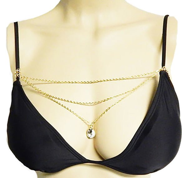 Goldtone 3 Layer Bra Chain With Dangling Pear Pendant