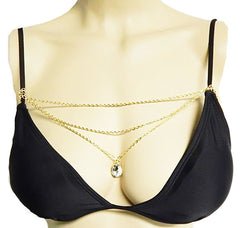 Goldtone 3 Layer Bra Chain With Dangling Pear Pendant