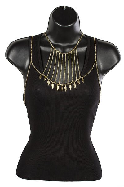 Goldtone Adjustable Body Chain With Dangling Feathers