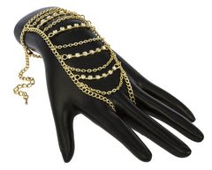 Goldtone Adjustable Finger Ring With Multi Chain Tassels With Stones