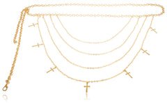 Goldtone Adjustable Length 6 Tier Layered Belt Chain With Dangling Crosses