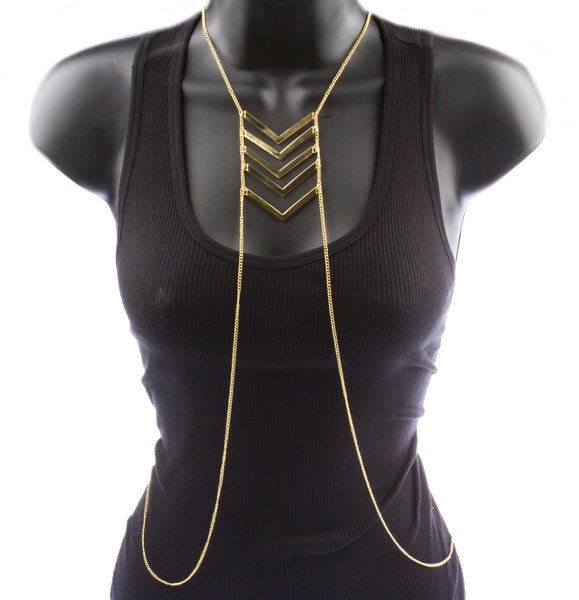 Goldtone Adjustable Length Chevron Style Cuban Links Body Chain
