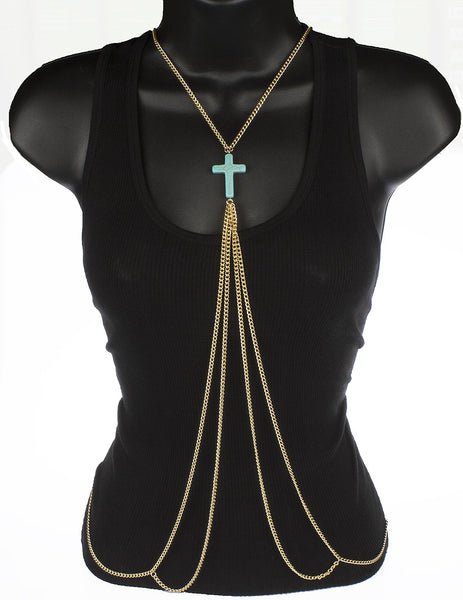 Goldtone Adjustable Length Cuban Links Body Chain With Large Center Cross Charm