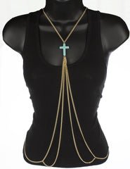 Goldtone Adjustable Length Cuban Links Body Chain With Large Center Cross Charm