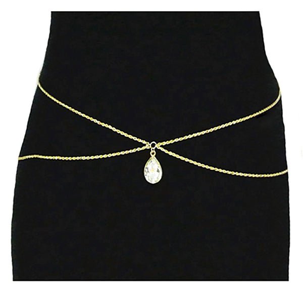 Goldtone Adjustable Length Double Rope Belt Chain With Dangling Pear Pendant