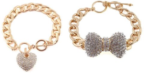 Goldtone And Clear Iced Out 3d Heart Charm And 3d Bow Tie Charm 8.5 Inch Link Chain Toggle Bracelet