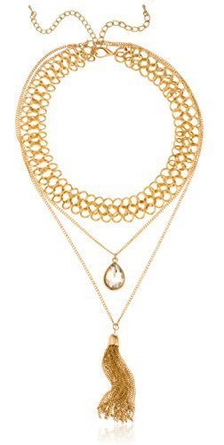 Goldtone Choker Two Layer Necklace With Dangling Pear Shaped Stone & Dangling Tassels