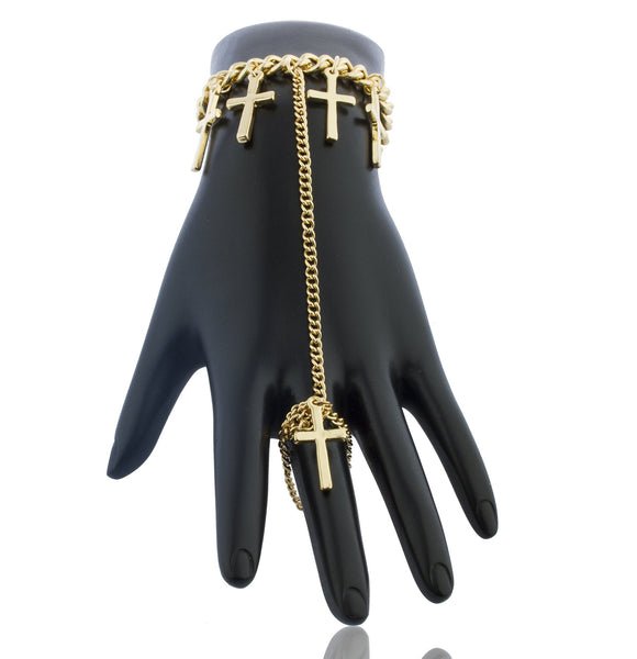 Goldtone Dangling Cross Adjustable Finger Ring And Hand Chain Bracelet