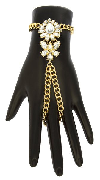 Goldtone Floral Teardrop Adjustable Finger Ring Hand Chain
