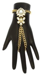 Goldtone Floral Teardrop Adjustable Finger Ring Hand Chain