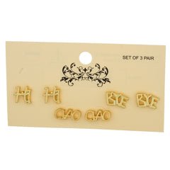 Goldtone Hi, Ciao And Bye Themed Three Pair Stud Earrings Set