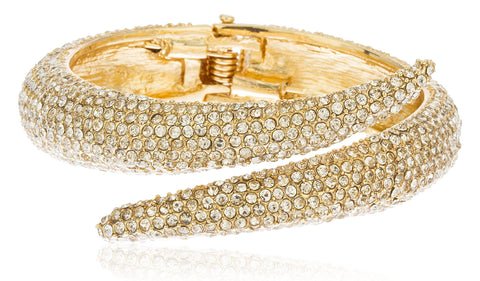 Goldtone Iced Out Swirl Hinged Bangle Bracelet With Clear Stones