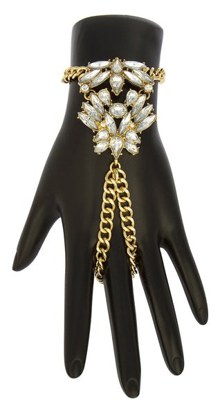 Goldtone Insect Clear Stone Design Adjustable Finger Ring Hand Chain
