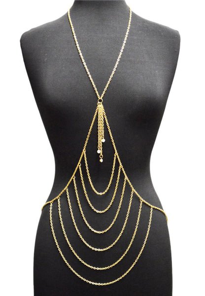Goldtone Layered Center With Tassel Drop Body Chain