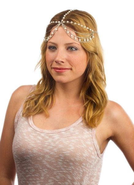 Goldtone Metal Adjustable Head Chain With Multiple Simulated Pearls And Links