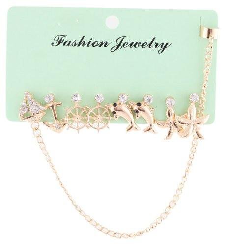 Goldtone Ocean And Sea Animals Stud Earrings Set And Ear Cuff