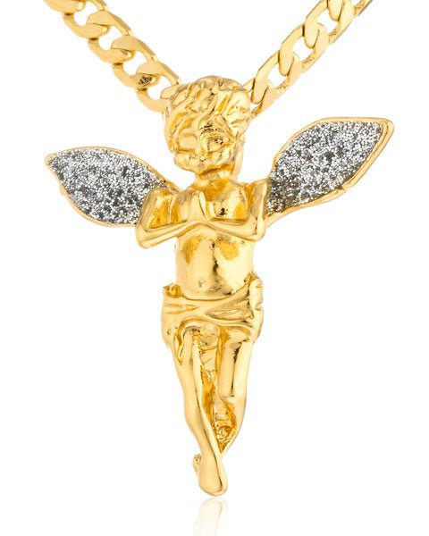 Goldtone Sandblast Long Wings Angel Pendant With A 24 Inch 4mm Cuban Chain