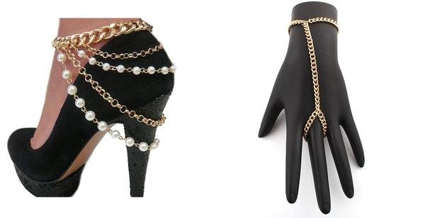Goldtone Shoe Chain With Dangling Cuban Link Chains And Multisize Simulated Pearls And Simple Link Hand Chain Set
