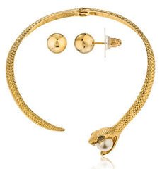 Goldtone Snake With Grey Eyes & Faux Pearl Curved Bar Design Adjustable Neck Collar Choker Jewelry Set
