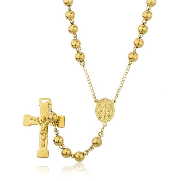 Goldtone Stainless Steel Jesus Cross With Mother Mary Charm And 8mm 34 Inch Rosary Chain