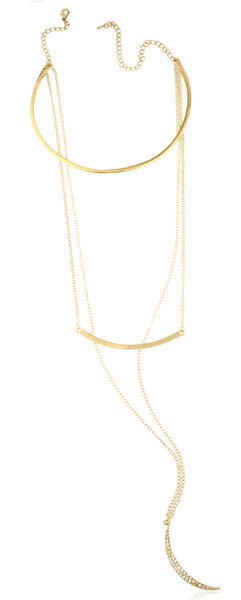 Goldtone Triple Layer Choker, Bar, Iced Out Moon Chain Necklace