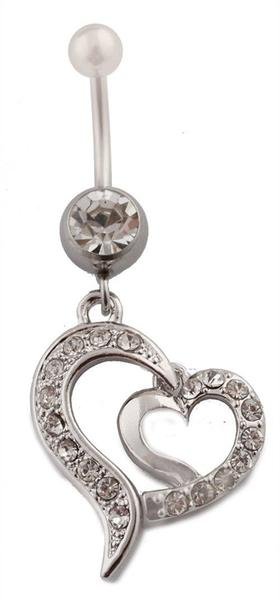 Iced Out Disconnected Double Heart with Clear Rhinestones Belly Ring