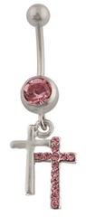 Iced Out Double Cross with Pink Rhinestones Belly Ring