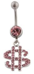 Pink Dollar Sign with Pink Rhinestones Belly Ring