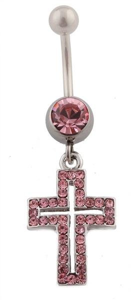 Iced Out Pink Double Cross with Pink Rhinestone Belly Ring