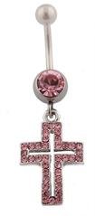 Iced Out Pink Double Cross with Pink Rhinestone Belly Ring