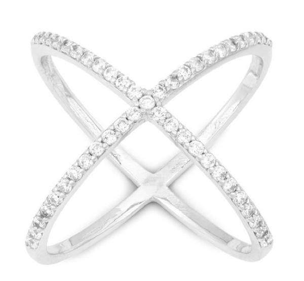 Ladies 925 Sterling Silver Criss Cross 'X' Ring With Cubic Zirconia Stones