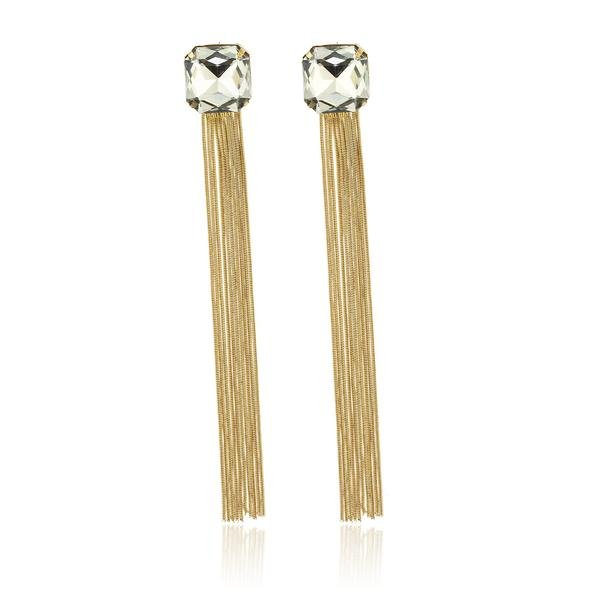 Ladies Diamond Square Studs With Goldtone Spiral Dangle Strings
