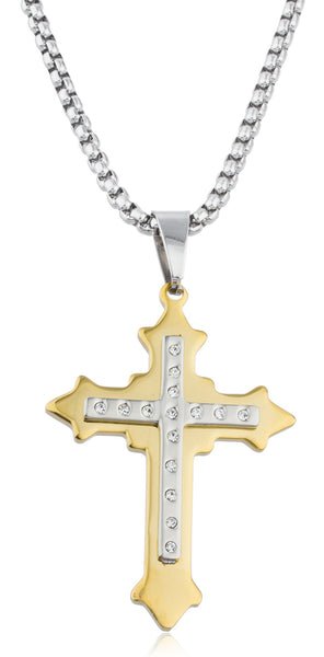 Large Stainless Steel Two-tone Ancient 3d Double Cross Pendant With Stones And A 24 Inch Round Box Chain Necklace