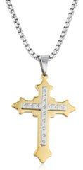 Large Stainless Steel Two-tone Ancient 3d Double Cross Pendant With Stones And A 24 Inch Round Box Chain Necklace