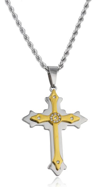 Large Stainless Steel Two-tone Ancient Double Cross Pendant With Centered Stones And A 24 Inch Rope Chain Necklace