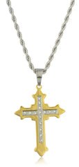 Large Stainless Steel Two-tone Ancient Double Cross Pendant With Stones And A 24 Inch Rope Chain Necklace