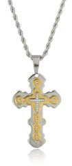 Large Stainless Steel Two-tone Ancient Triple Cross Pendant With Stones And A 24 Inch Rope Chain Necklace