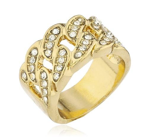 Mens Goldtone Iced Out Ring Cuban Link Design with Stones