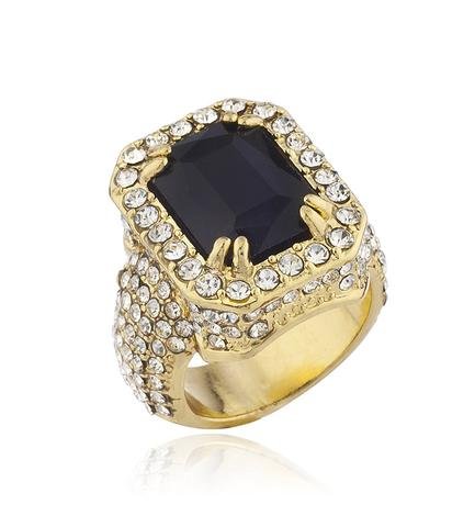 Mens Goldtone Iced Out Ring with Faux Black Gemstone
