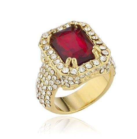 Mens Goldtone Iced Out Ring with Faux Ruby Gemstone