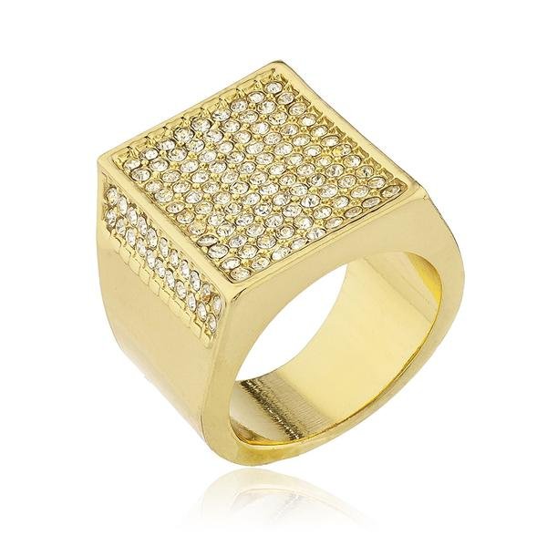 Men's Goldtone Iced Out Ring with Inner Rectangular Border