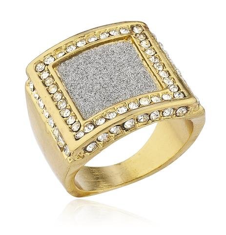 Mens Goldtone Iced Out Ring with Sandblasted Inner Square