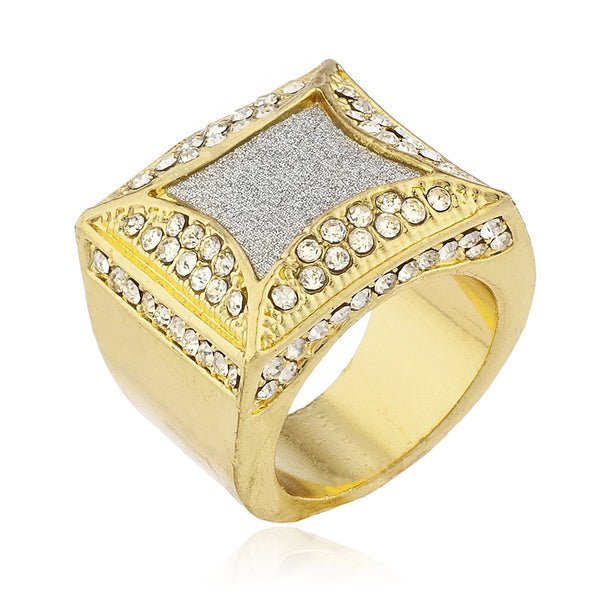 Men's Goldtone Iced Out Ring with Sandblasted Inner Design Sizes 7-10