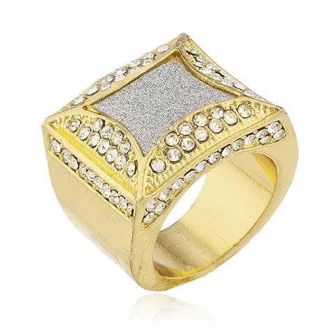 Men's Goldtone Iced Out Ring with Sandblasted Inner Design Sizes 7-10